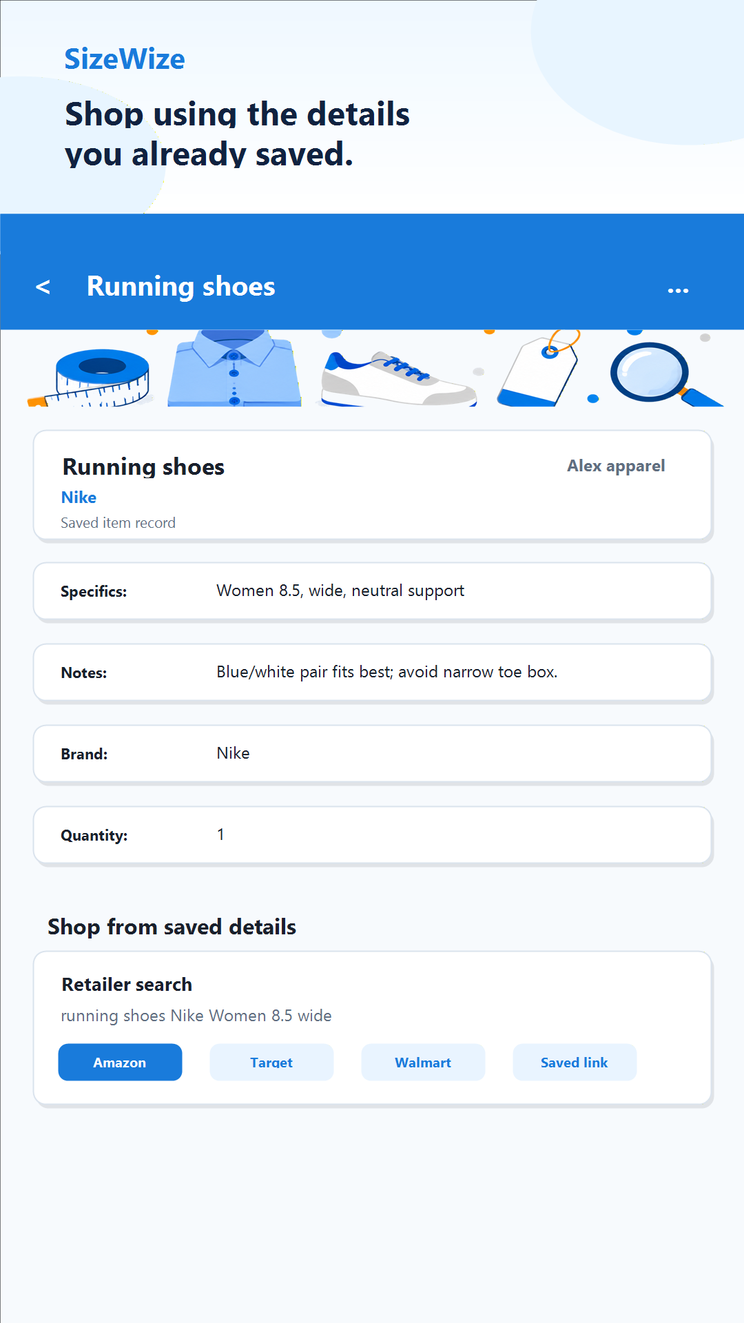SizeWize item detail screen for running shoes with saved specifications, notes, brand, quantity, and retailer search options.