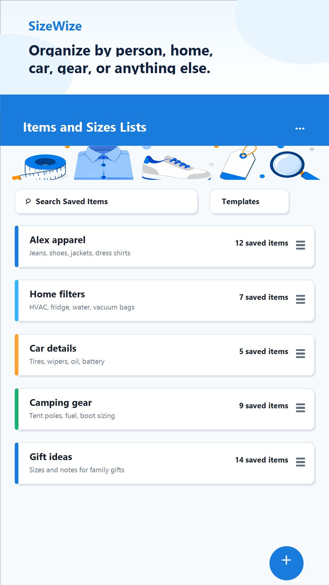 SizeWize Items and Sizes Lists screen with grouped lists for apparel, home filters, car details, camping gear, and gift ideas.