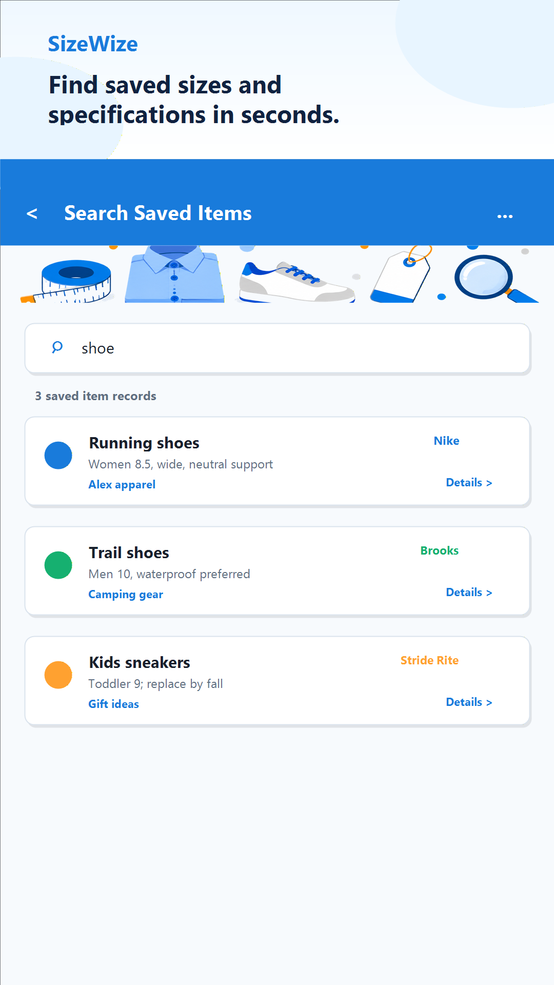 SizeWize Search Saved Items screen showing saved shoe records found across item lists.